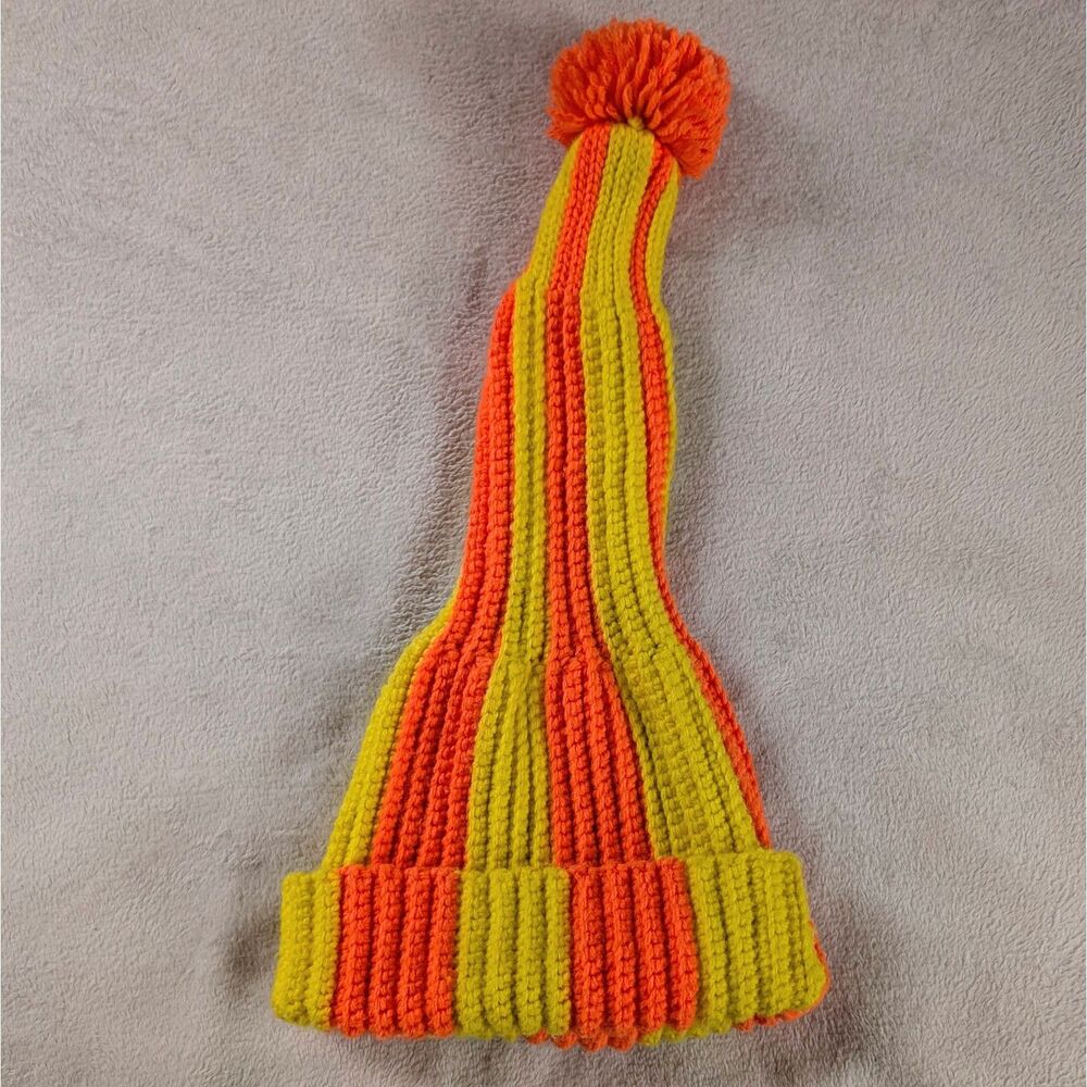 Crochet Knit Long Pom Pom Beanie Hat Unisex Orange Yellow Vintage Striped - Picture 2 of 4